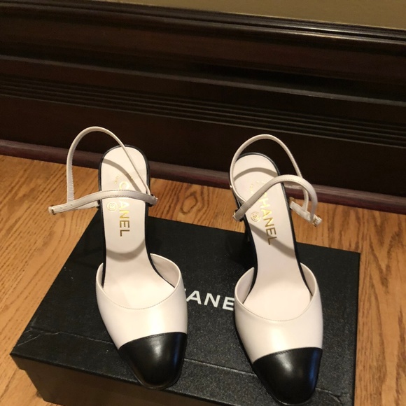 black and white slingbacks